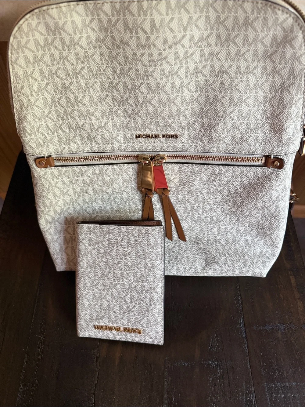 Michael Kors Cream Rhea Medium Backpack with Matching Passport Wallet